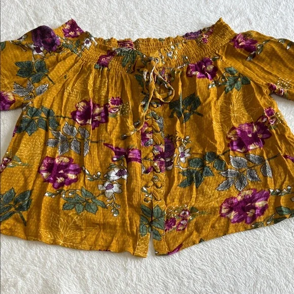House of Harlow Floral Mustard Boho Peasant Blouse Grommet Tie Detail Size Small - Picture 5 of 8
